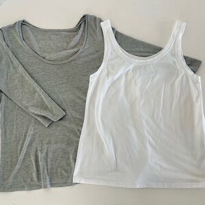 Two Eileen Fisher Tops White Tank Top & Grey 3/4 Sleeve Silk Blend Shirt Medium